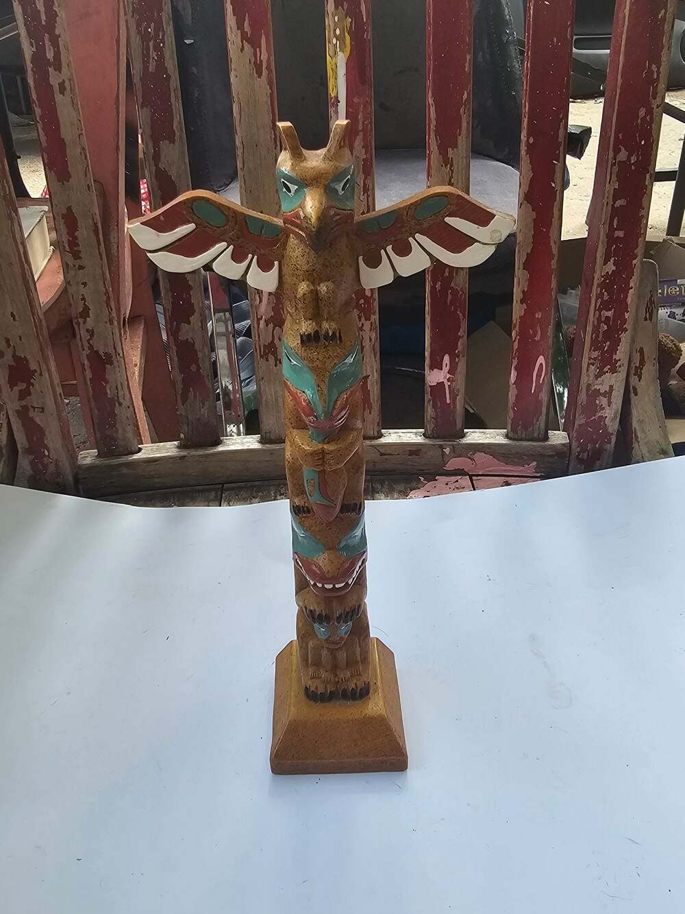 Vintage BOMA Canada Hand Painted Totem Pole Resin Folk Art Sculpture 10"